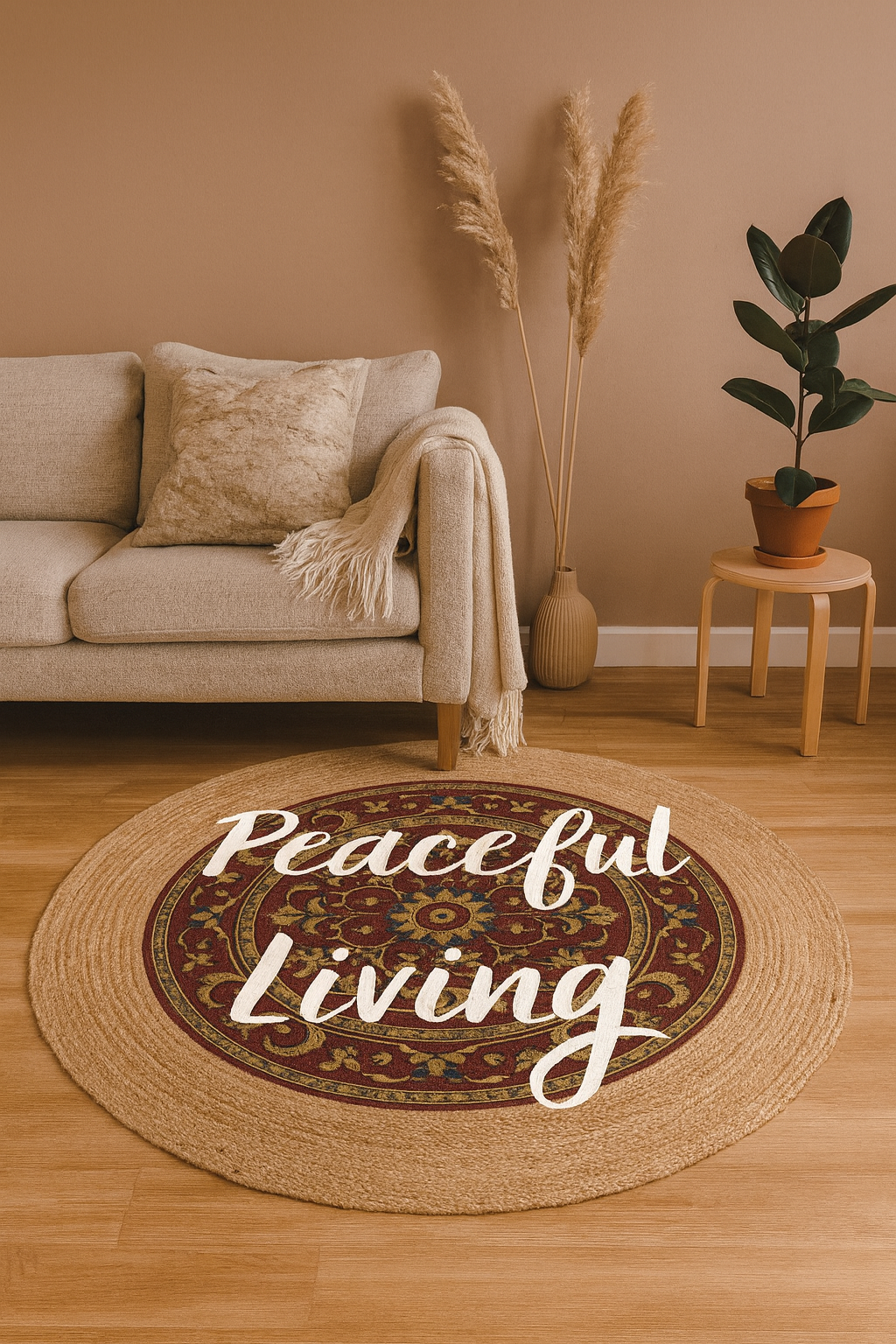 Snugh Yuvarlak Baskı Jüt Halı Makinede Yıkanabilir Çift Taraflı Doğal Jüt Peaceful Living Retro Bohem Kilim