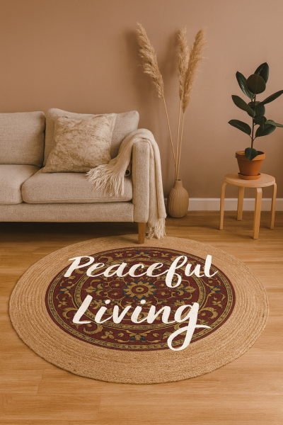 Snugh Yuvarlak Baskı Jüt Halı Makinede Yıkanabilir Çift Taraflı Doğal Jüt Peaceful Living Retro Bohem Kilim