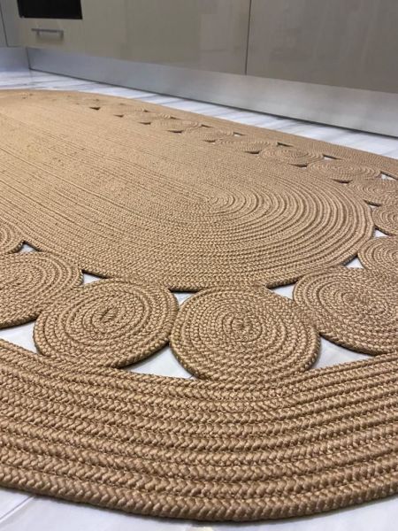 Milda 123 Beyaz Kahve Jüt Hasırlı El Örgüsü Çift Taraflı Kilim Oval Jüt Halı 80x150