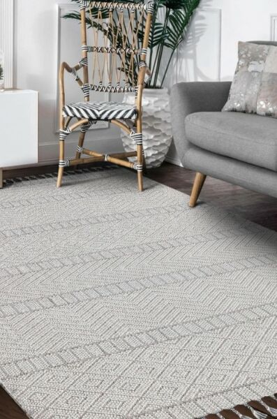 Türkmen Halı Oslo 19542B Gri Bukleli Modern Örgü Saçaklı Halı