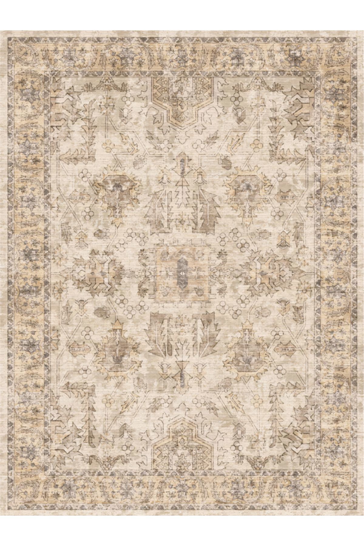 Drom Kaymaz Tabanlı Yıkanabilir Vintage Görünümlü Bej Motifli Etnik Salon ve Mutfak Halısı