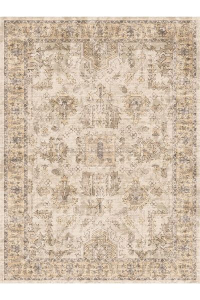 Drom Kaymaz Tabanlı Yıkanabilir Vintage Görünümlü Bej Motifli Etnik Salon ve Mutfak Halısı