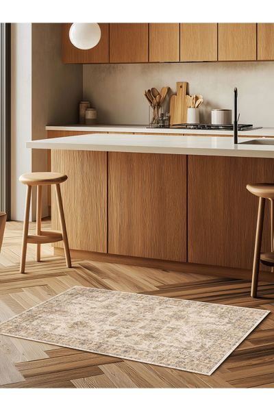 Drom Kaymaz Tabanlı Yıkanabilir Vintage Görünümlü Bej Motifli Etnik Salon ve Mutfak Halısı
