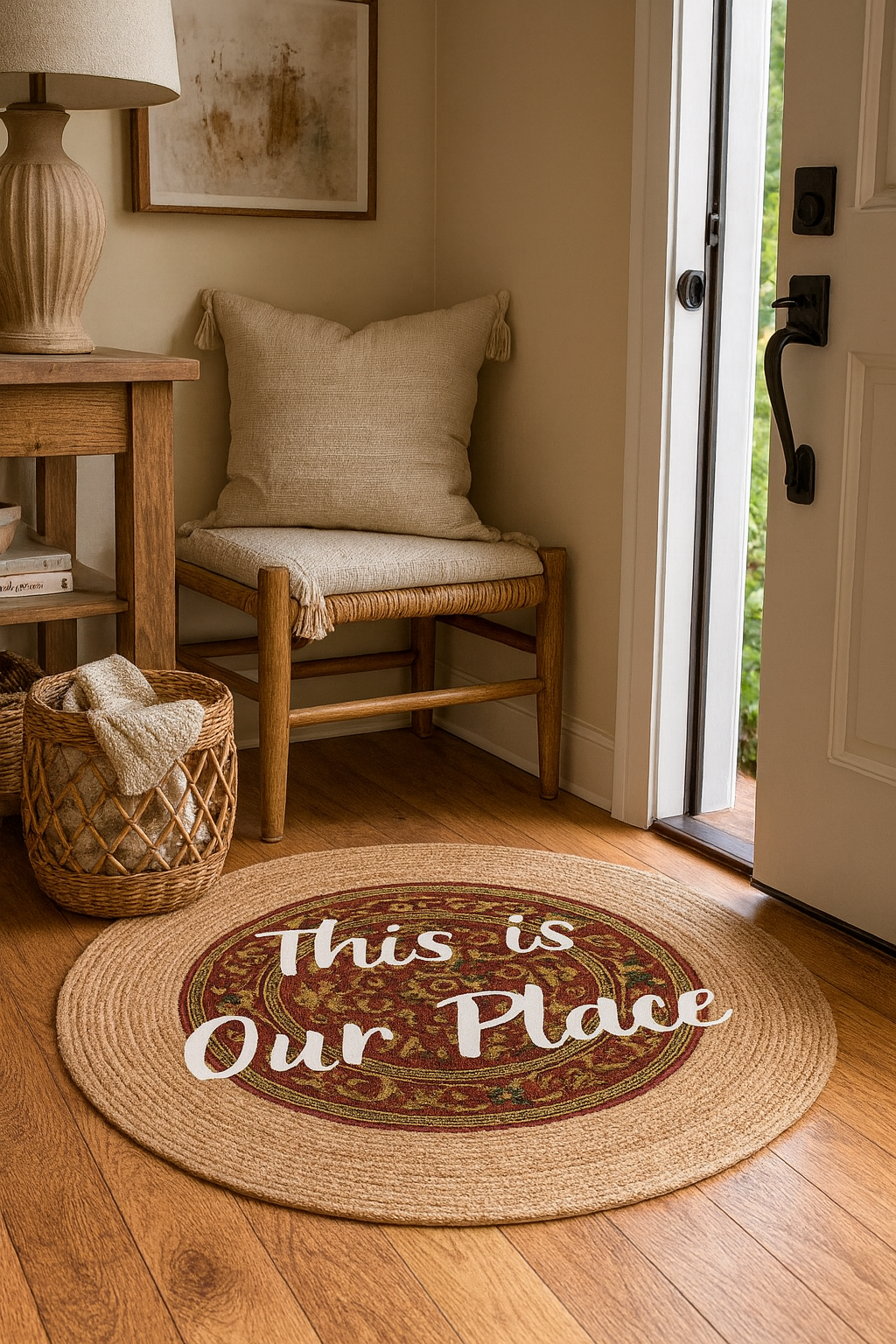 Snugh Yuvarlak Baskı Jüt Halı Makinede Yıkanabilir Çift Taraflı Doğal Jüt This Is Our Place Retro Kilim