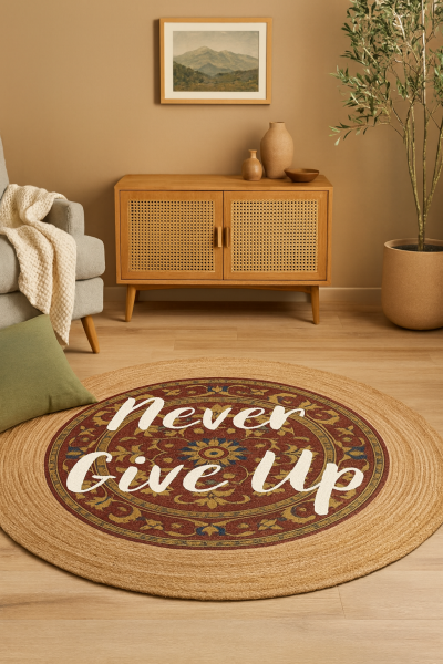 Snugh Yuvarlak Baskı Jüt Halı Makinede Yıkanabilir Çift Taraflı Doğal Jüt Never Give Up Retro Kilim