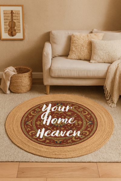 Snugh Yuvarlak Baskı Jüt Halı Makinede Yıkanabilir Çift Taraflı Doğal Jüt Your Home Heaven Kilim