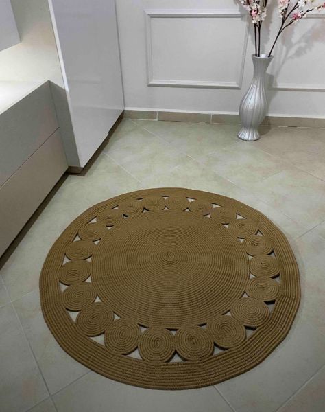 Milda 123 Beyaz Kahve Jüt Hasırlı El Örgüsü Çift Taraflı Kilim Yuvarlak Jüt Halı 90x90