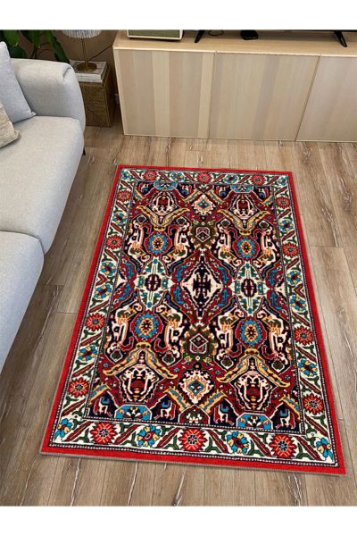 Drom Kaymaz Tabanlı Yıkanabilir Multi Geleneksel Motifli Salon Halısı Mutfak Halısı