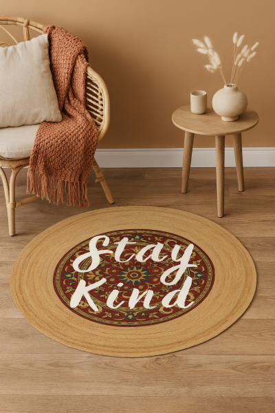 Snugh Yuvarlak Baskı Jüt Halı Makinede Yıkanabilir Çift Taraflı Doğal Jüt Stay Kind Retro Kilim