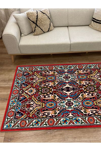 Drom Kaymaz Tabanlı Yıkanabilir Multi Geleneksel Motifli Salon Halısı Mutfak Halısı