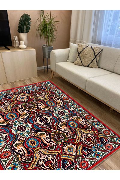 Drom Kaymaz Tabanlı Yıkanabilir Multi Geleneksel Motifli Salon Halısı Mutfak Halısı