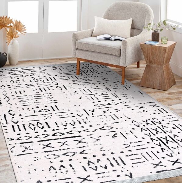 Crea Halı Vena Koleksiyonu 8018S Dokuma Kaymaz Tabanlı Modern Halı Koyu Beyaz My Crea Home