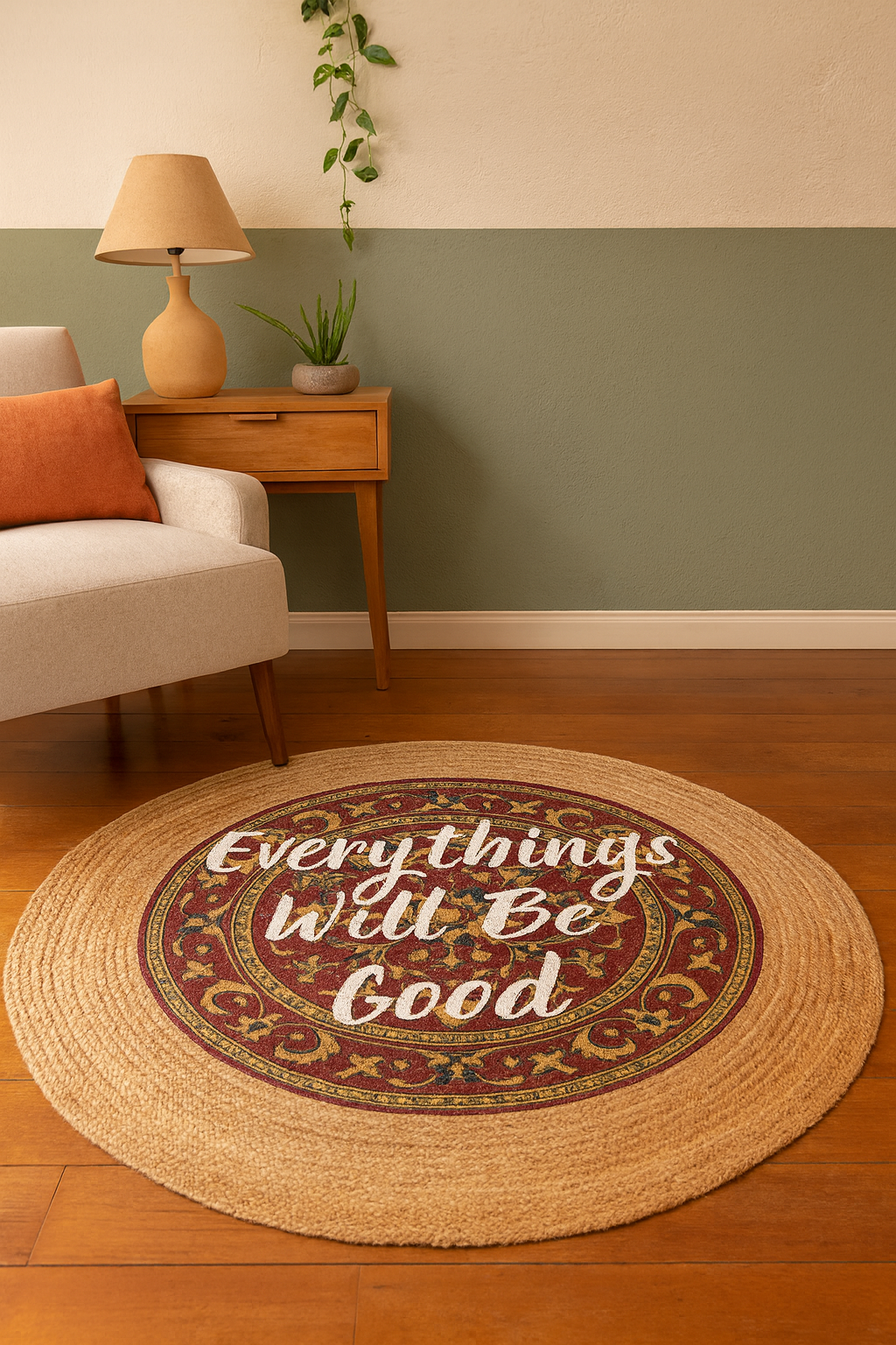 Snugh Yuvarlak Baskı Jüt Halı Makinede Yıkanabilir Çift Taraflı Doğal Jüt Everythings Will Be Good Bohem Jüt Kilim