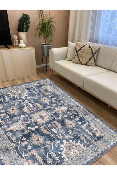 Drom Kaymaz Tabanlı Yıkanabilir Mavi Multi Modern Antre Hol Salon Mutfak Halısı