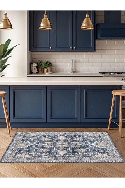 Drom Kaymaz Tabanlı Yıkanabilir Mavi Multi Modern Antre Hol Salon Mutfak Halısı
