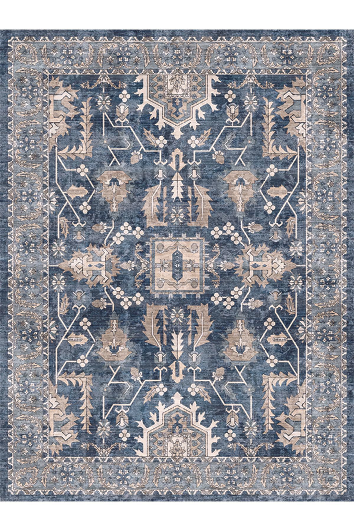 Drom Kaymaz Tabanlı Yıkanabilir Mavi Multi Modern Antre Hol Salon Mutfak Halısı