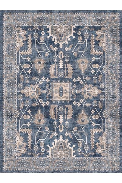 Drom Kaymaz Tabanlı Yıkanabilir Mavi Multi Modern Antre Hol Salon Mutfak Halısı