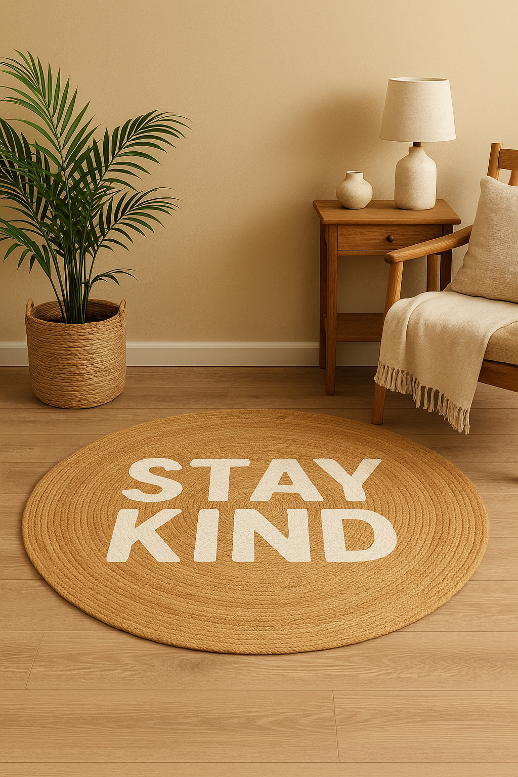 Snugh Yuvarlak Baskı Jüt Halı Makinede Yıkanabilir Çift Taraflı Doğal Jüt Stay Kind Yazılı Kilim