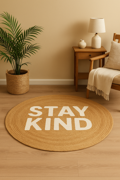 Snugh Yuvarlak Baskı Jüt Halı Makinede Yıkanabilir Çift Taraflı Doğal Jüt Stay Kind Yazılı Kilim