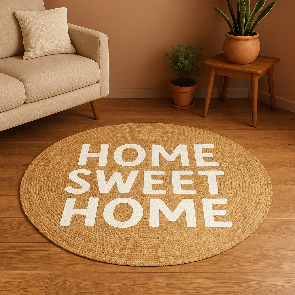 Snugh Yuvarlak Baskı Jüt Halı Makinede Yıkanabilir Çift Taraflı Doğal Jüt Home Sweet Home Bohem  Jüt Kilim