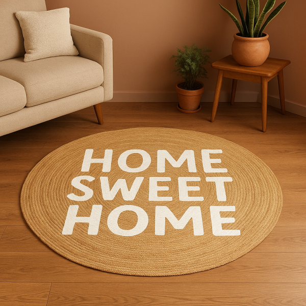 Snugh Yuvarlak Baskı Jüt Halı Makinede Yıkanabilir Çift Taraflı Doğal Jüt Home Sweet Home Bohem  Jüt Kilim