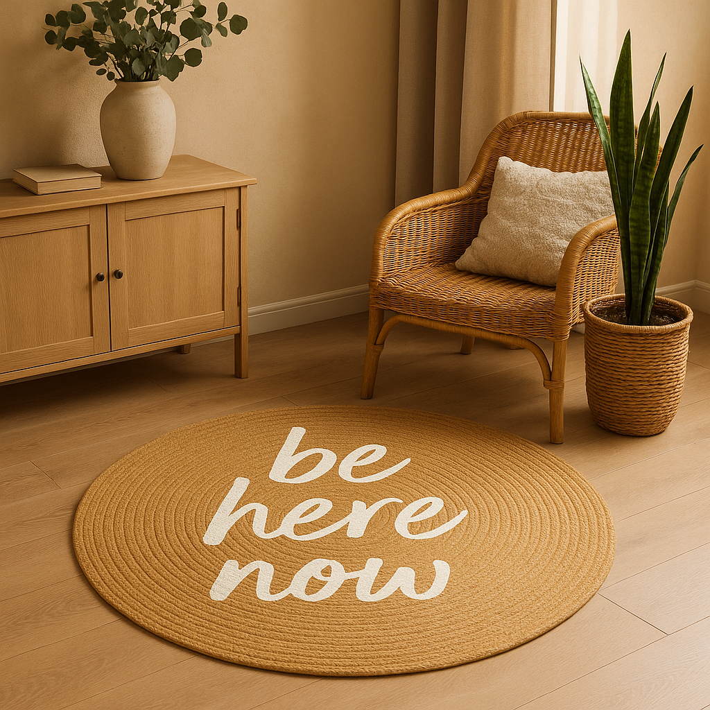 Snugh Yuvarlak Baskı Jüt Halı Makinede Yıkanabilir Çift Taraflı Doğal Jüt Be Here Now Bohem Jüt Kilim