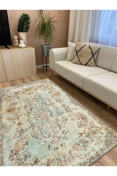 Drom Kaymaz Tabanlı Yıkanabilir Klasik Bej Geleneksel Motifli Etnik Salon ve Mutfak Halısı