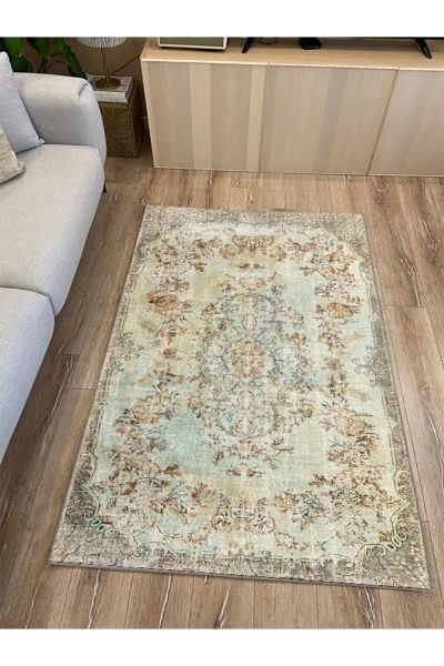 Drom Kaymaz Tabanlı Yıkanabilir Klasik Bej Geleneksel Motifli Etnik Salon ve Mutfak Halısı