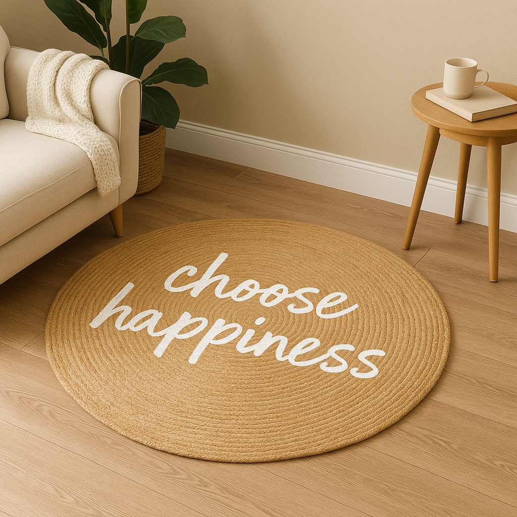 Snugh Yuvarlak Baskı Jüt Halı Makinede Yıkanabilir Çift Taraflı Doğal Choose Happiness Bohem Jüt Kilim