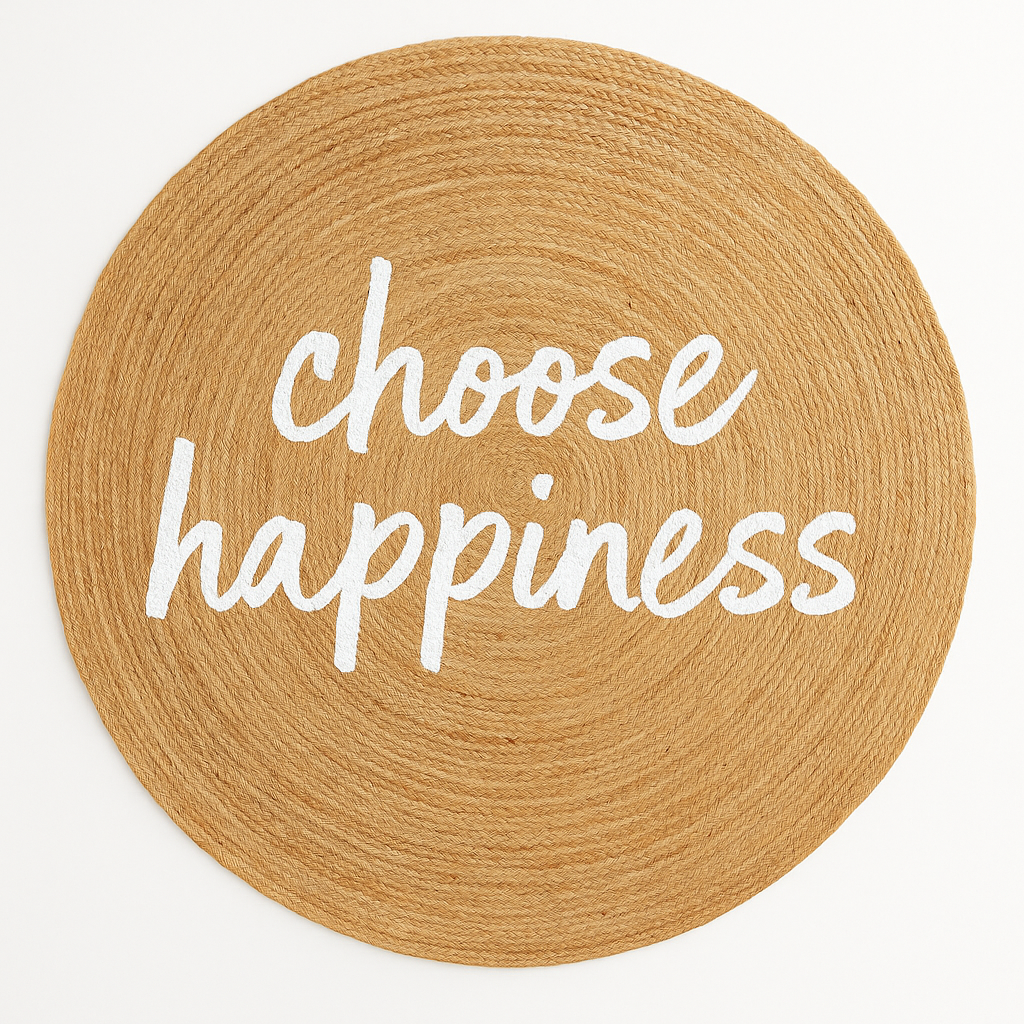 Snugh Yuvarlak Baskı Jüt Halı Makinede Yıkanabilir Çift Taraflı Doğal Choose Happiness Bohem Jüt Kilim