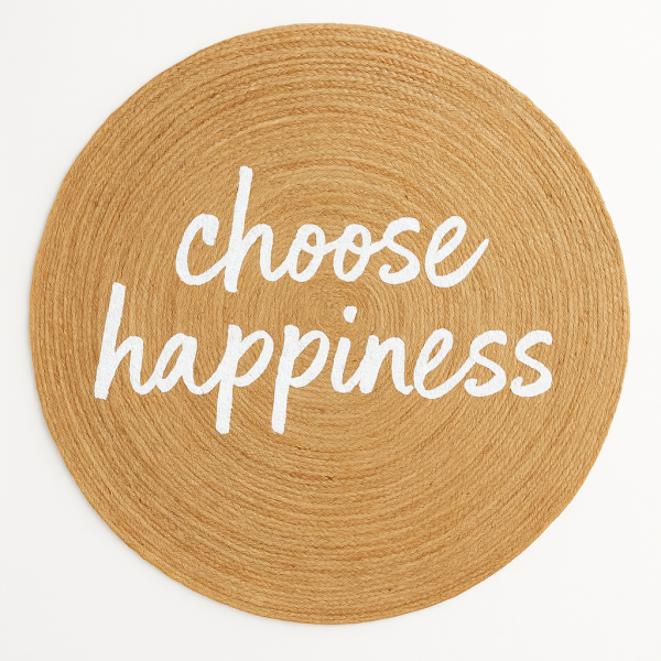 Snugh Yuvarlak Baskı Jüt Halı Makinede Yıkanabilir Çift Taraflı Doğal Choose Happiness Bohem Jüt Kilim