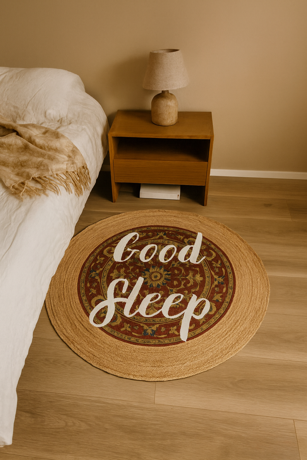 Snugh Yuvarlak Baskı Jüt Halı Makinede Yıkanabilir Çift Taraflı Doğal Good Sleep Retro Bohem Jüt Kilim