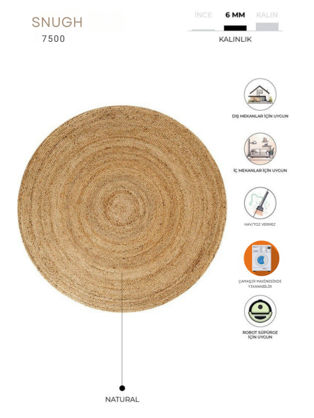 Snugh Yuvarlak Baskı Jüt Halı Makinede Yıkanabilir Çift Taraflı Doğal Good Sleep Retro Bohem Jüt Kilim