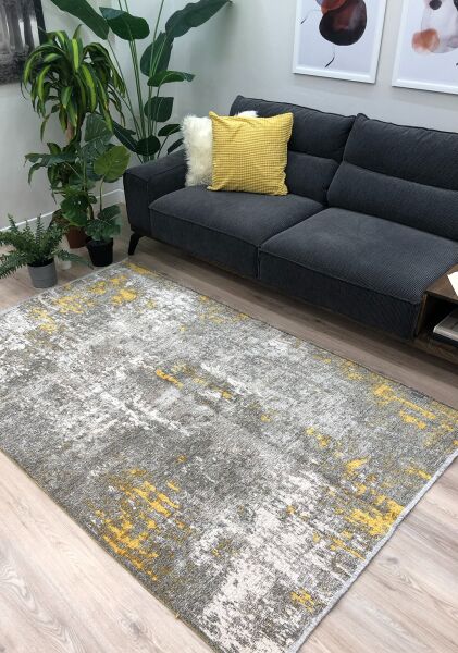 Lina Çift Taraflı %100 Pamuk Kilim Modern Yıkanabilir Şönil Kilim 10407-F Sarı Gri Koridor Mutfak Salon Şönil Halı Çift Taraflı Yolluk