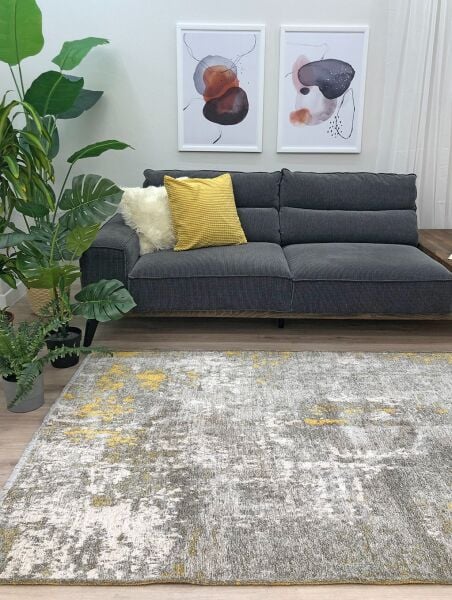 Lina Çift Taraflı %100 Pamuk Kilim Modern Yıkanabilir Şönil Kilim 10407-F Sarı Gri Koridor Mutfak Salon Şönil Halı Çift Taraflı Yolluk