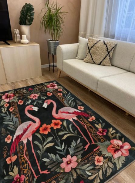 Drom Kaymaz Tabanlı Yıkanabilir Flamingo Figürlü Modern Salon Koridor Mutfak Halısı