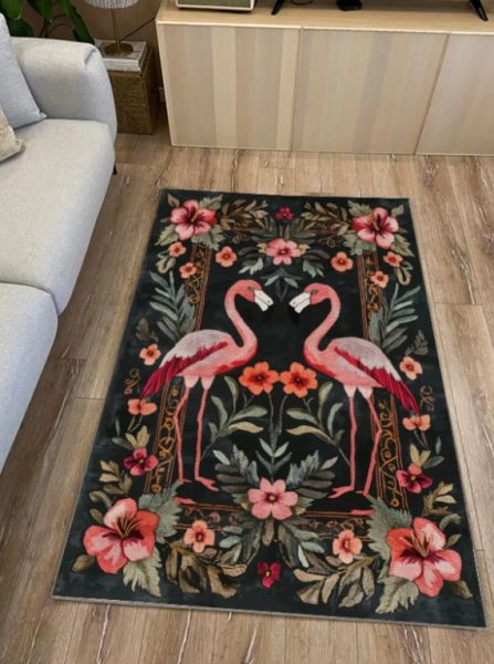 Drom Kaymaz Tabanlı Yıkanabilir Flamingo Figürlü Modern Salon Koridor Mutfak Halısı