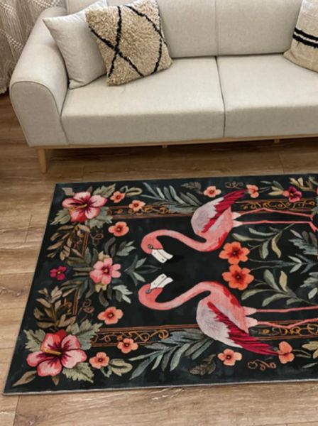 Drom Kaymaz Tabanlı Yıkanabilir Flamingo Figürlü Modern Salon Koridor Mutfak Halısı