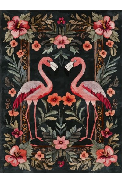 Drom Kaymaz Tabanlı Yıkanabilir Flamingo Figürlü Modern Salon Koridor Mutfak Halısı