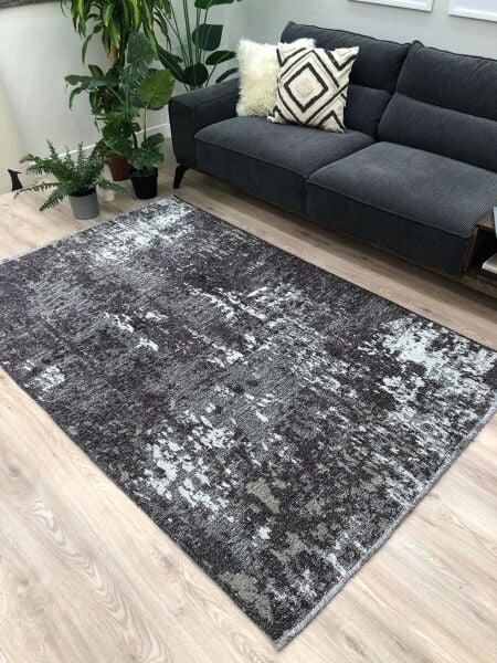 Lina Çift Taraflı %100 Pamuk Kilim Modern Yıkanabilir Şönil Kilim 10407-A Gri Antrasit Koridor Mutfak Salon Şönil Halı Çift Taraflı Yolluk