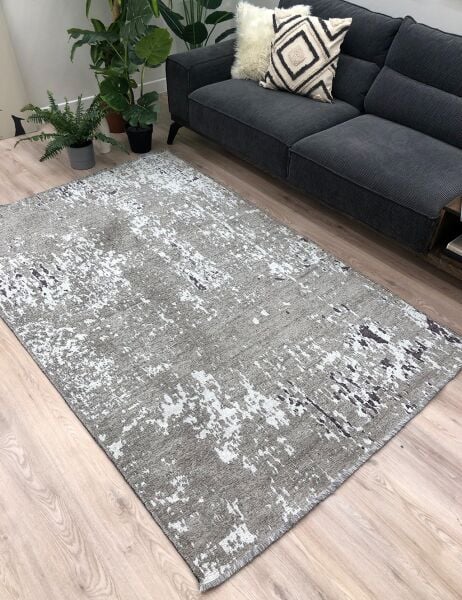 Lina Çift Taraflı %100 Pamuk Kilim Modern Yıkanabilir Şönil Kilim 10407-A Gri Antrasit Koridor Mutfak Salon Şönil Halı Çift Taraflı Yolluk