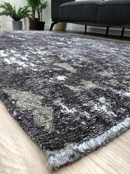 Lina Çift Taraflı %100 Pamuk Kilim Modern Yıkanabilir Şönil Kilim 10407-A Gri Antrasit Koridor Mutfak Salon Şönil Halı Çift Taraflı Yolluk