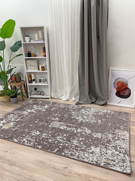 Lina Çift Taraflı %100 Pamuk Kilim Modern Yıkanabilir Şönil Kilim 10407-B Bej Gri Koridor Mutfak Salon Şönil Halı Çift Taraflı Yolluk