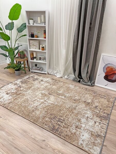 Lina Çift Taraflı %100 Pamuk Kilim Modern Yıkanabilir Şönil Kilim 10407-B Bej Gri Koridor Mutfak Salon Şönil Halı Çift Taraflı Yolluk