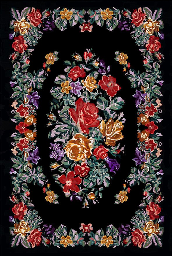 Drom Kaymaz Tabanlı Yıkanabilir Siyah Karabağ Çiçekli Modern Halı