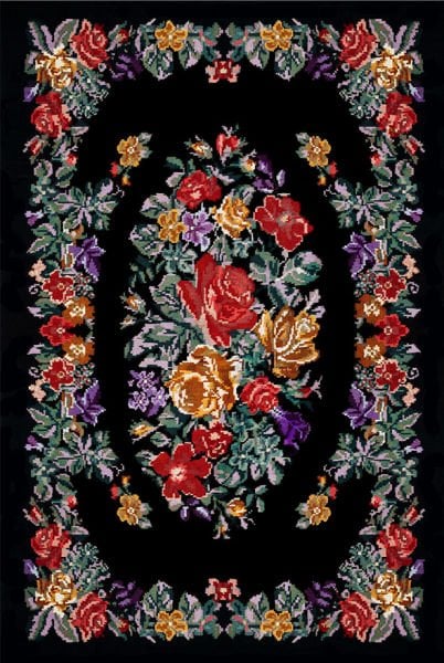 Drom Kaymaz Tabanlı Yıkanabilir Siyah Karabağ Çiçekli Modern Halı