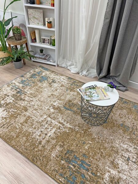 Lina Çift Taraflı %100 Pamuk Kilim Modern Yıkanabilir Şönil Kilim 10407-E Mavi Kahve Koridor Mutfak Salon Şönil Halı Çift Taraflı Yolluk