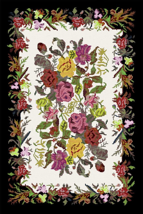 Drom Kaymaz Tabanlı Yıkanabilir Siyah Karabağ Çiçekli Klasik Halı