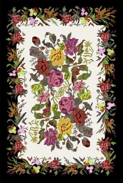 Drom Kaymaz Tabanlı Yıkanabilir Siyah Karabağ Çiçekli Klasik Halı