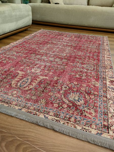 Drom Kaymaz Tabanlı Yıkanabilir Eskitme Kırmızı Etnik Halı